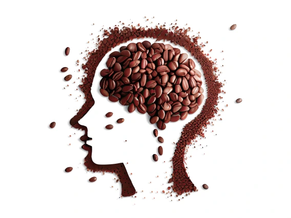 White background with brown outline of human head in profile-facing view with coffee beans forming brain shape inside head outline