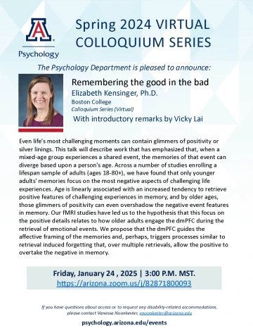 Colloquim Flyer for Elizabeth Kensinger's Talk on Remembering Good in Bad taking place January 24th, 2025
